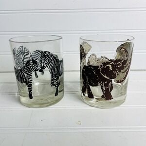(2) Tastesetter MCM Lowball Whiskey Glasses Elephant Zebra Print Vintage